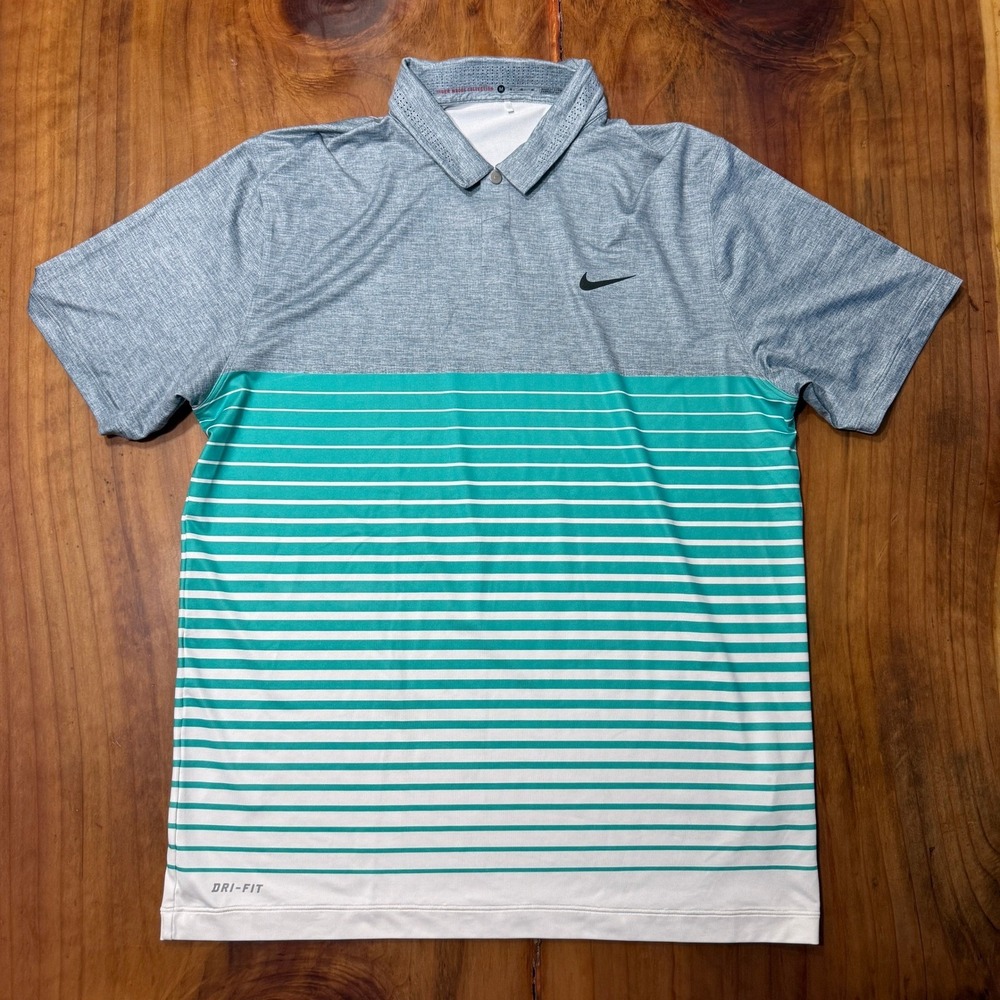 Tiger Woods Polo Mens Shirt M Striped Golf S/S Polyester Athletic Casual Y3-26